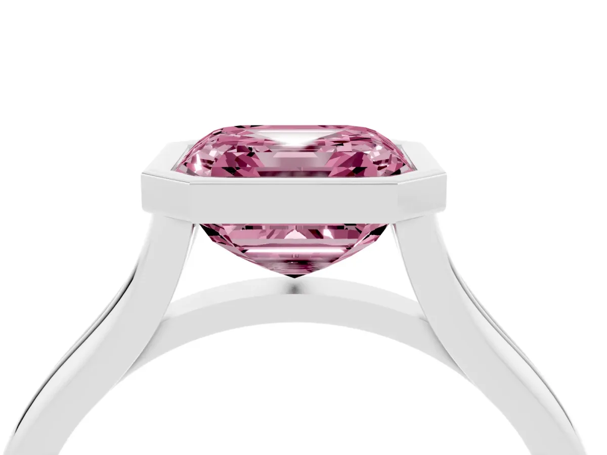 Fancy Pink Bezel Set Asscher Cut Cut Solitaire Ring with Tapered Band Silver