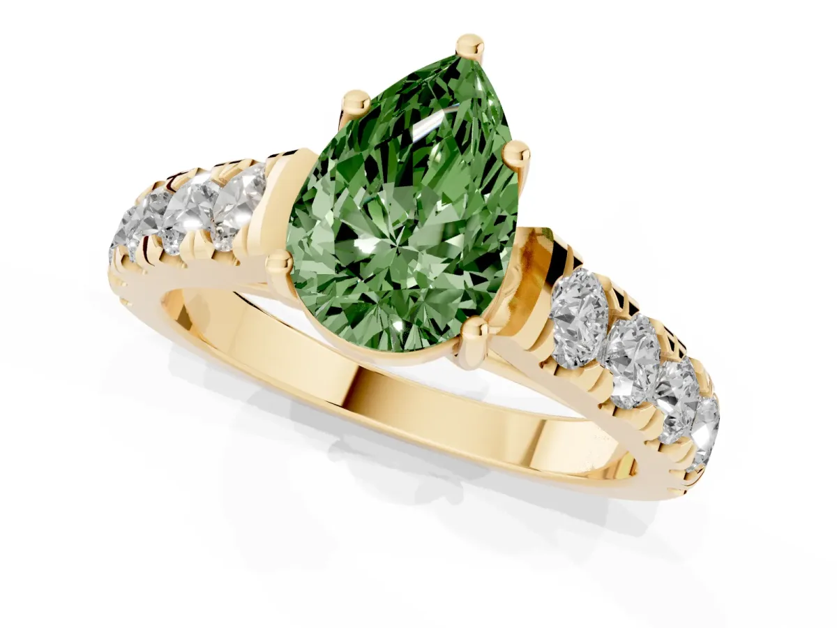 Fancy Green Pear Cut Cut Diamond Solitaire Ring with Micro Pave Band and Prong Setting Yellow gold