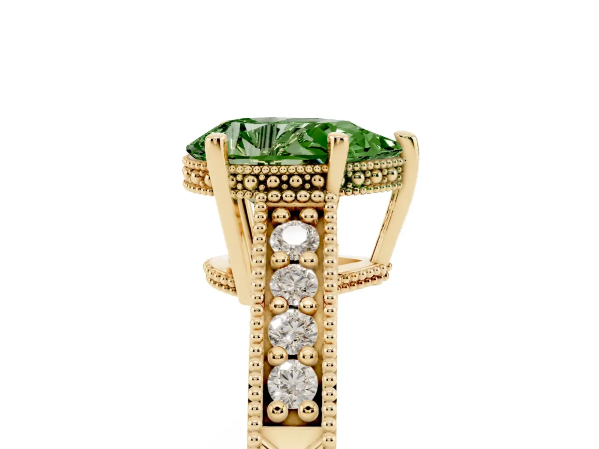 Fancy Green Pear Cut Solitaire Pavé Diamond Milgrain Engagement Ring with Four-Prong Setting Yellow gold