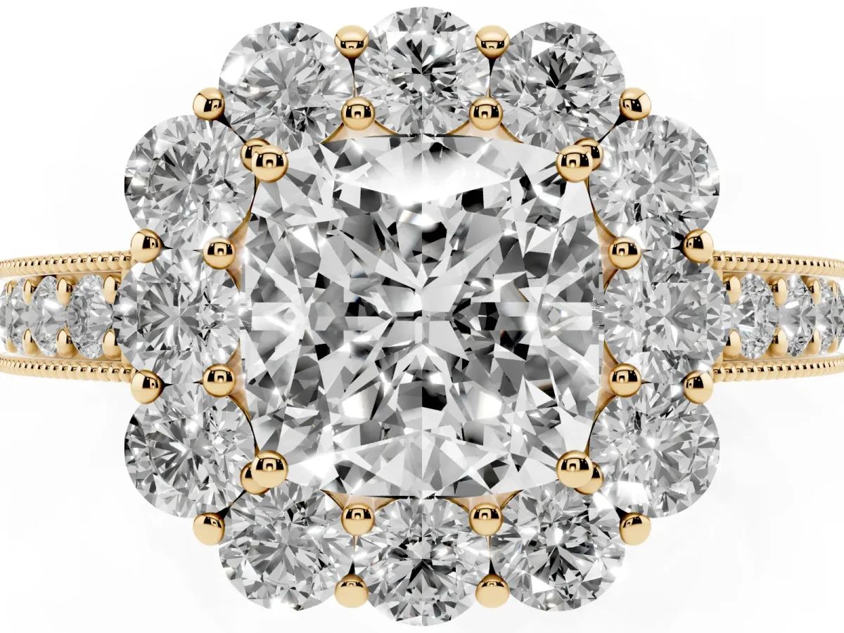 Cushion Cut Cut Halo Diamond Pavé Engagement Ring with Milgrain Detailing Yellow gold
