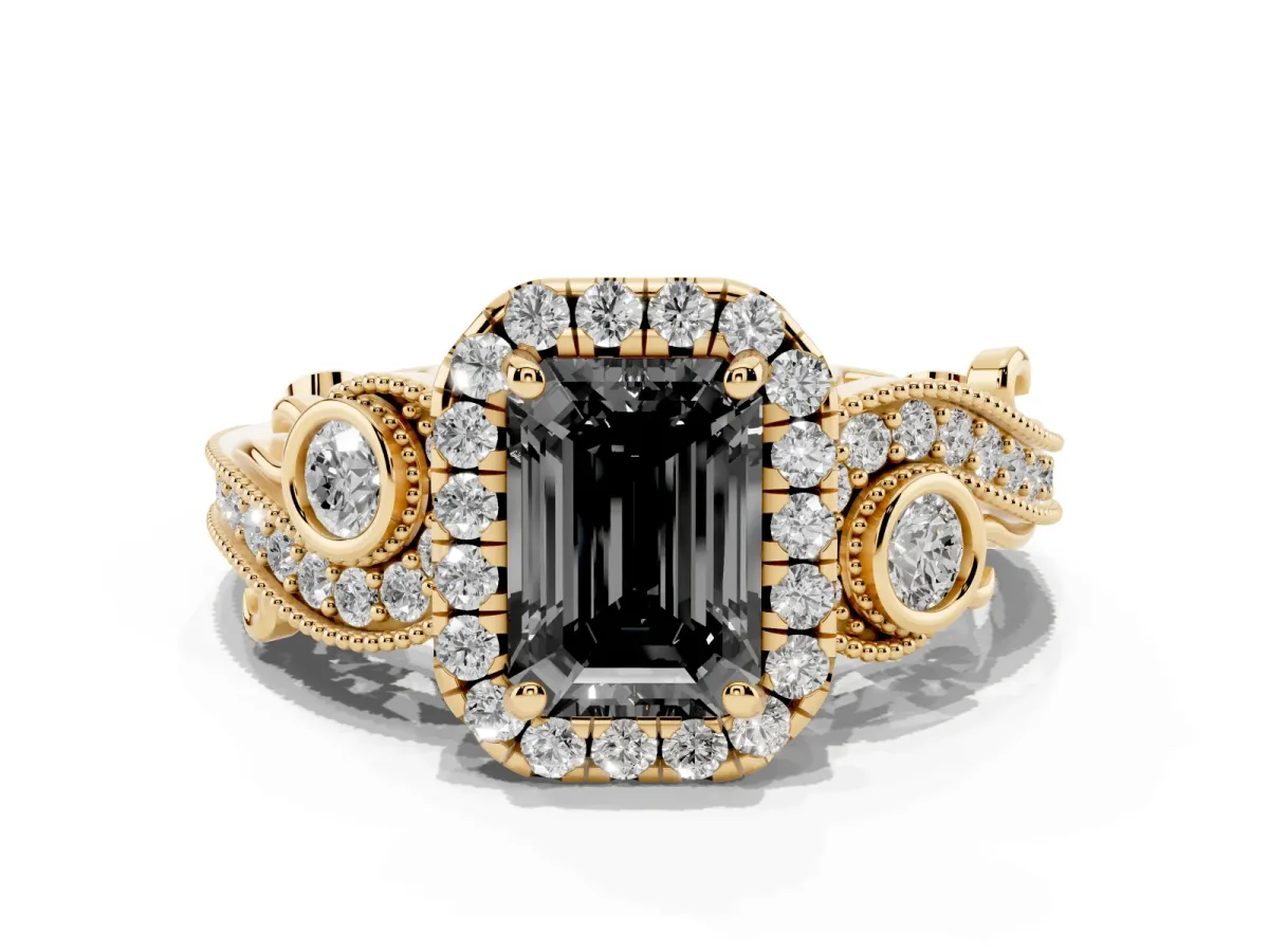 Fancy Black Emerald Cut Halo Diamond Ring with Milgrain and Bezel Accents on a Split Shank Band Yellow gold