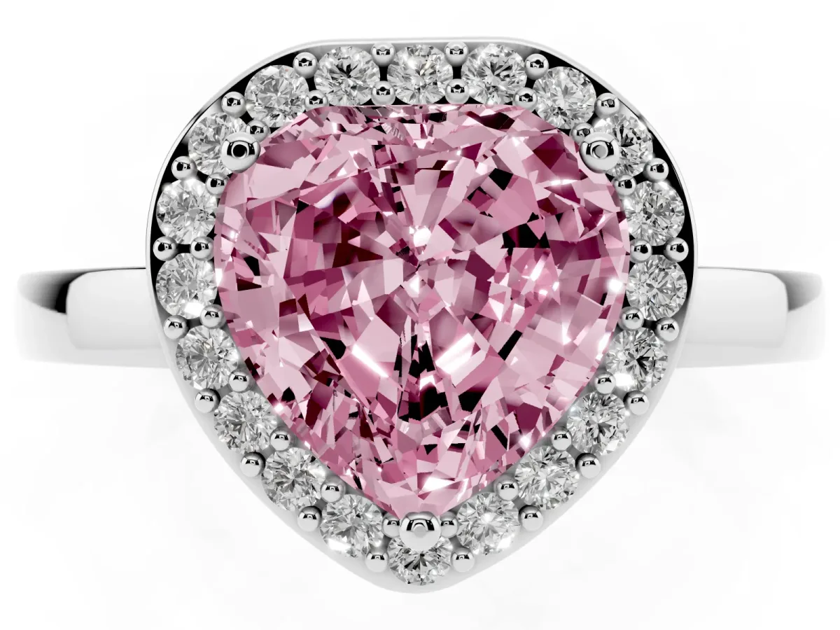 Fancy Pink Heart Cut Halo Diamond Ring with Solitaire Band and Prong Setting Silver