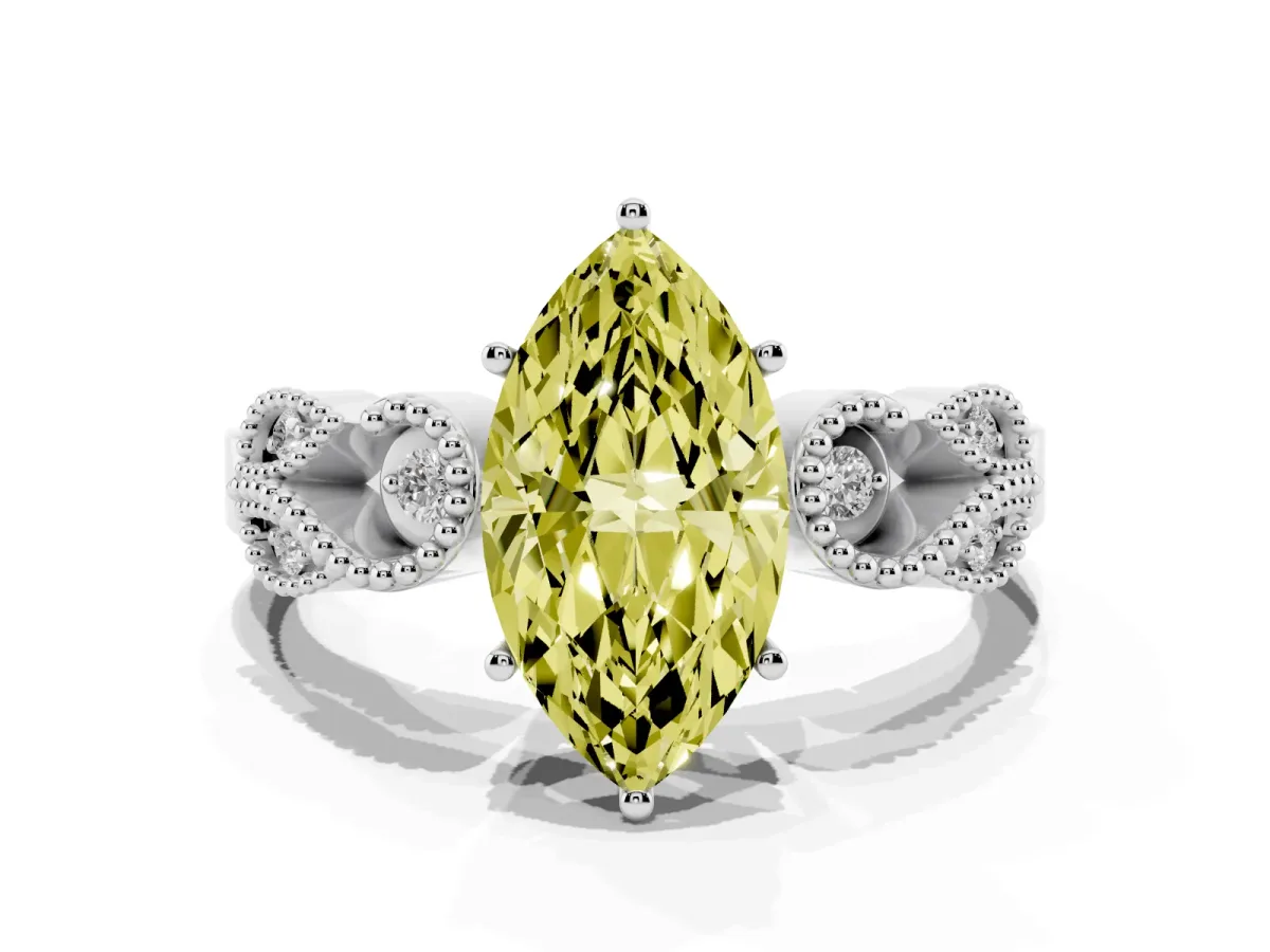 Fancy Yellow Marquise Cut Solitaire Milgrain Leaf Band with Prong Setting Silver