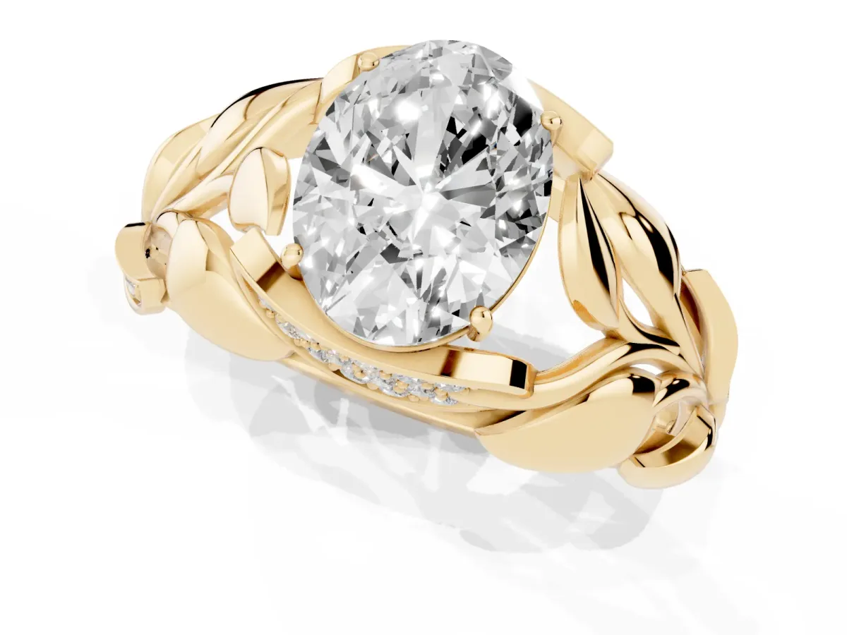 Oval Cut Diamond Leaf-Inspired Engagement Ring with Round Accents and Prong Setting Yellow gold