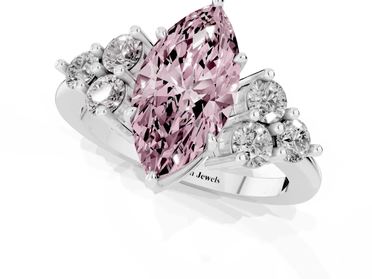 Fancy Pink Marquise Cut Brilliant Diamond Cluster Accent Solitaire Ring with Prong Setting Silver
