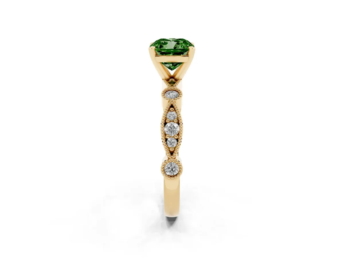 Fancy Green Cushion Cut Milgrain Bezel Diamond Engagement Ring with Solitaire Prong Setting Yellow gold