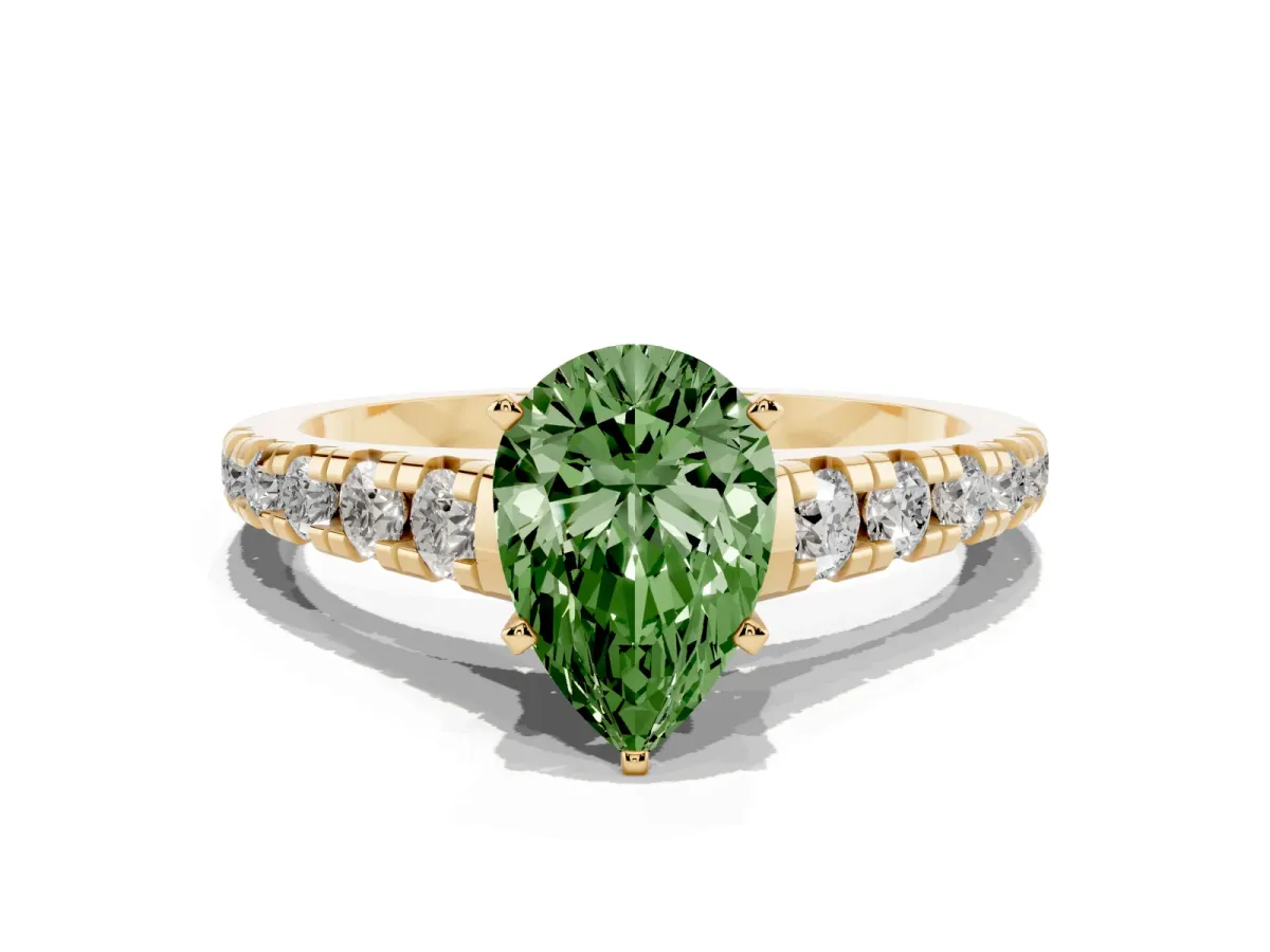 Fancy Green Pear Cut Diamond Cathedral Solitaire Ring with Round Pavé Band Yellow gold