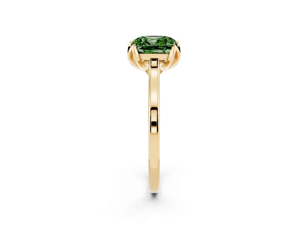 Fancy Green Cushion Cut Diamond Solitaire Ring with Flower Prong Setting and Classic Band Yellow gold