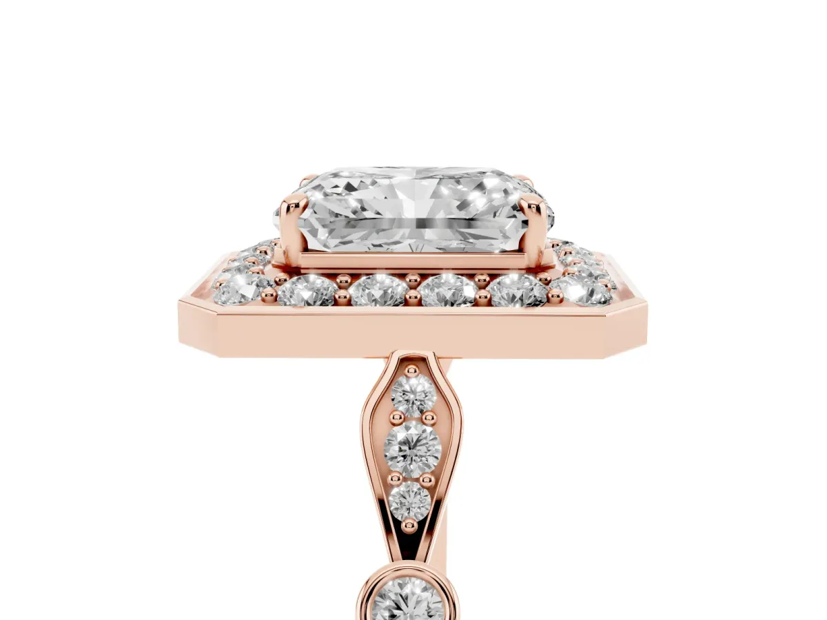 Radiant Cut Halo Diamond Engagement Ring with Twisted Band and Four-Prong Setting Rose gold