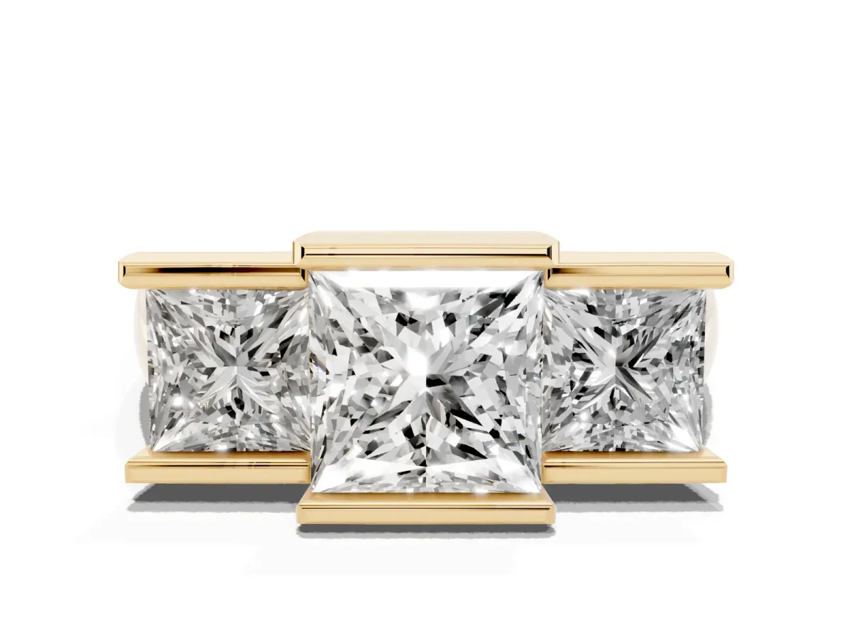 Three Stone Princess Cut Cut Channel Set Diamond Ring Yellow gold