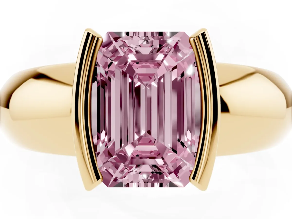 Fancy Pink Emerald Cut Solitaire Tension Set Diamond Ring with Wide Band Yellow gold