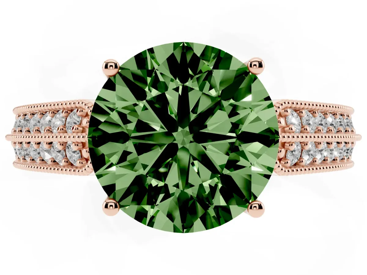 Fancy Green Round Cut Cut Pave Split Shank Engagement Ring with Four-Prong Setting Rose gold