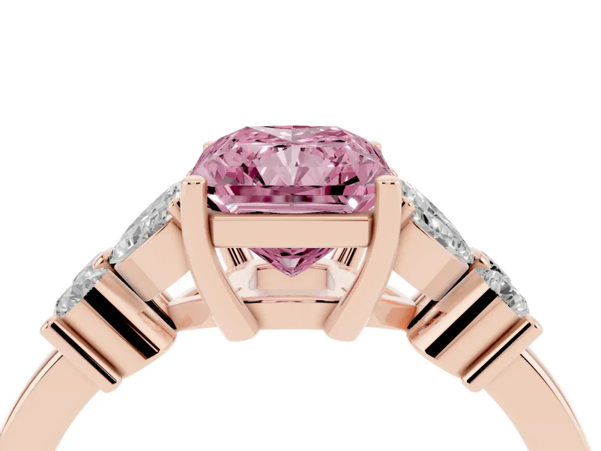 Fancy Pink Radiant Cut Diamond Floral Cluster Ring with Solitaire Band and Prong Setting Rose gold