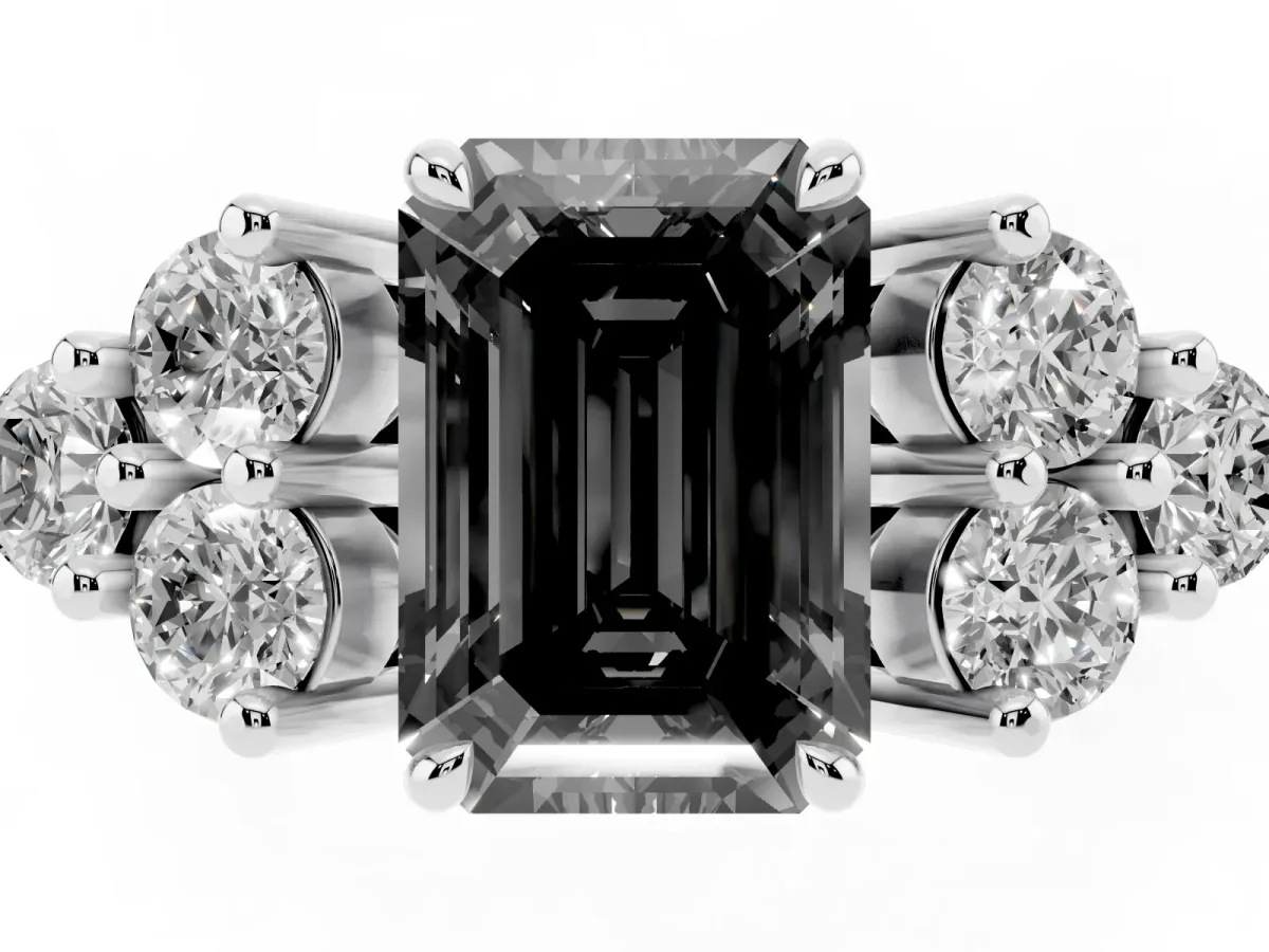 Fancy Black Emerald Cut Brilliant Diamond Cluster Accent Solitaire Ring with Prong Setting Platinum
