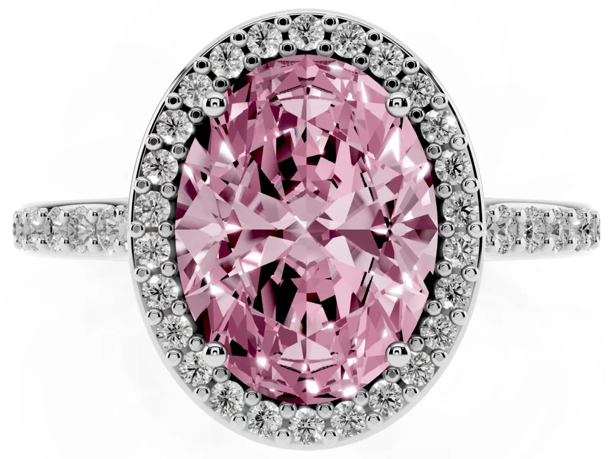 Fancy Pink Oval Cut Diamond Halo Engagement Ring with Round Pavé Shoulders and Prong Setting Platinum