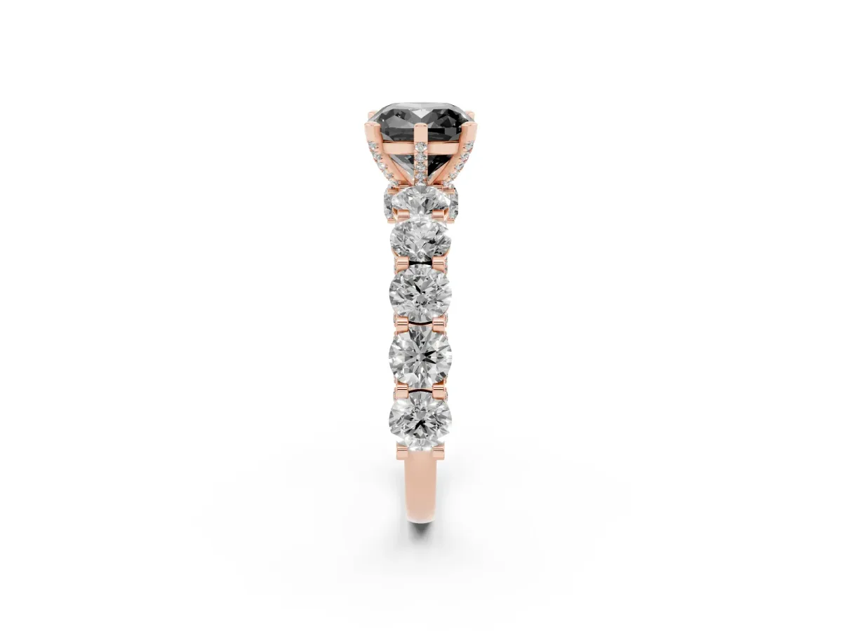 Fancy Black Cushion Cut Diamond Side Stone Engagement Ring with Four-Prong Setting Rose gold