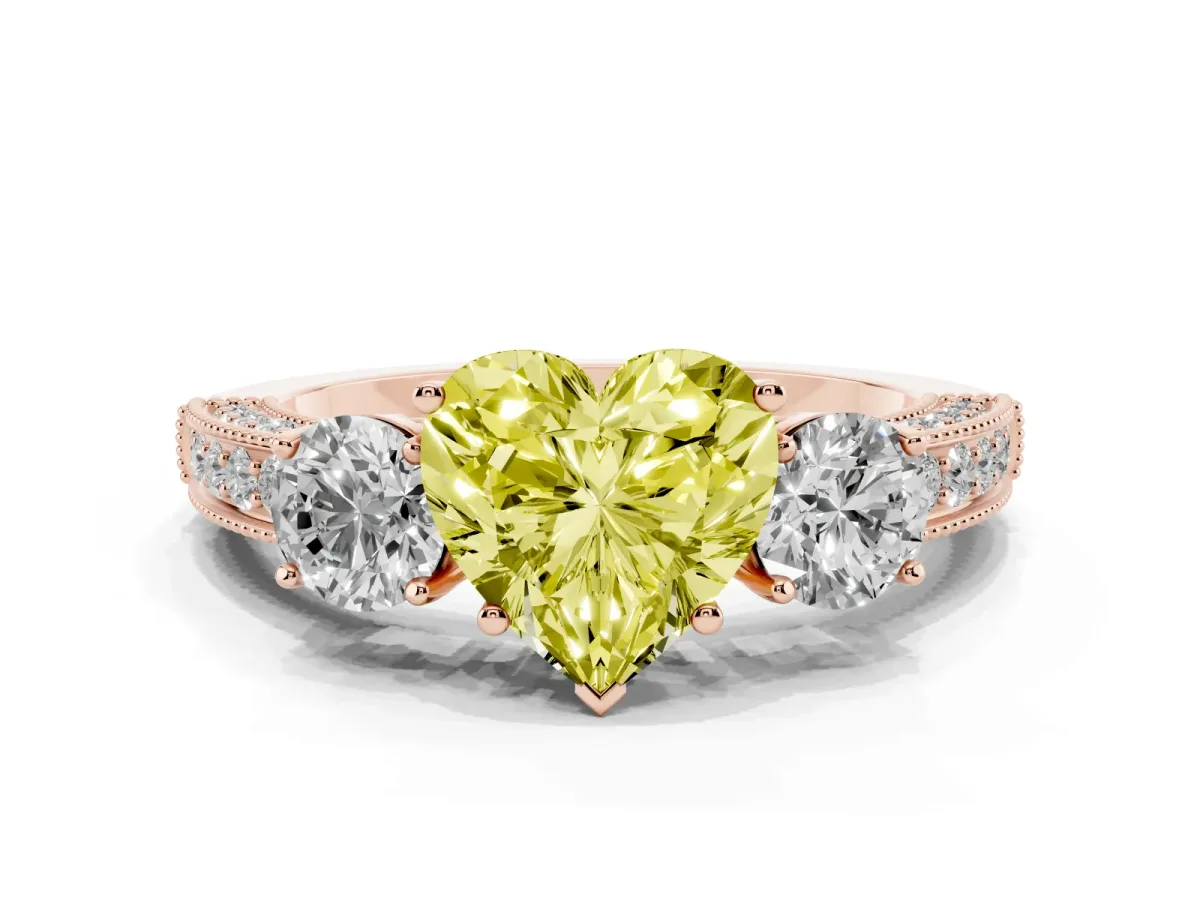 Fancy Yellow Heart Cut Three-Stone Diamond Ring with Pavé Band and Four-Prong Setting Rose gold