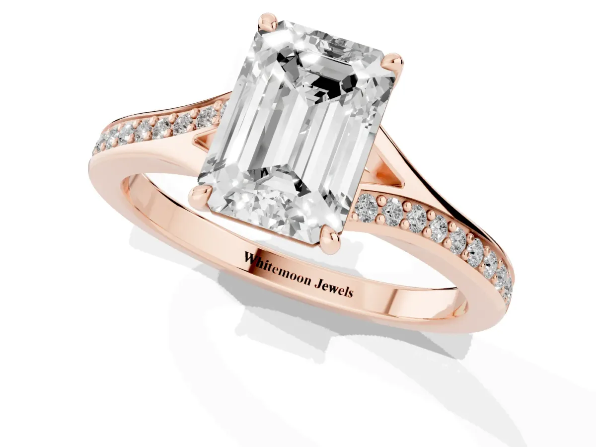 Emerald Cut Diamond Solitaire Ring with Pavé Band and Prong Setting Rose gold