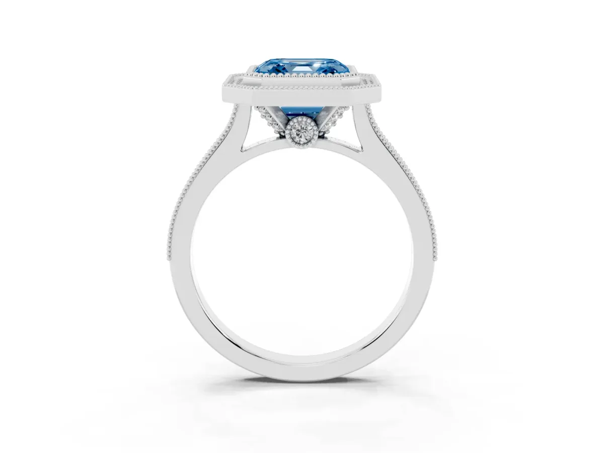 Fancy Blue Halo Asscher Cut-Cut Diamond Pave Band Milgrain Prong Setting Ring Platinum
