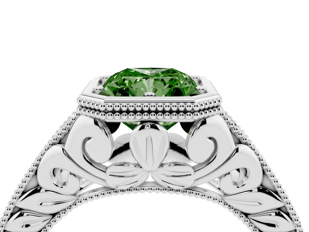 Fancy Green Bezel Set Radiant Cut Diamond Milgrain Pave Engagement Ring Silver