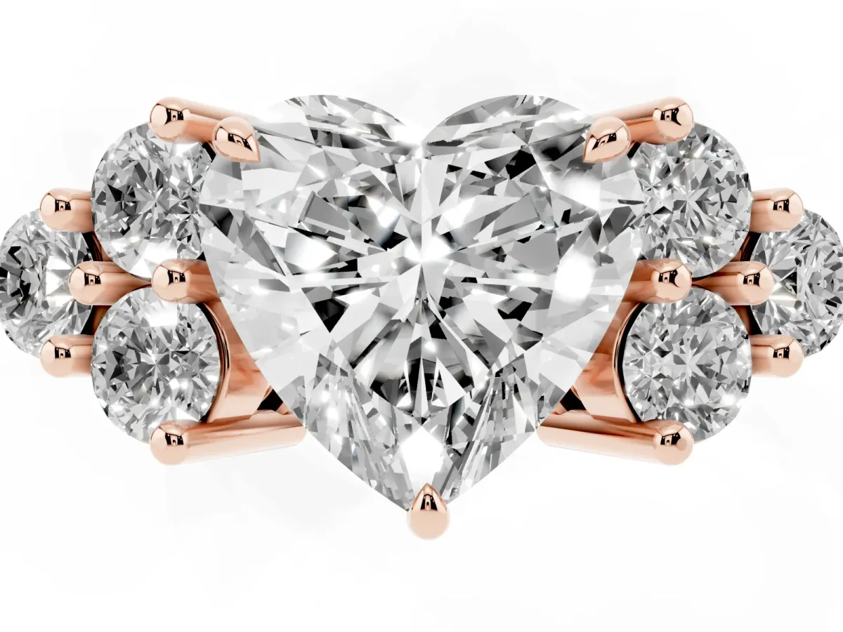 Heart Cut Brilliant Diamond Cluster Accent Solitaire Ring with Prong Setting Rose gold