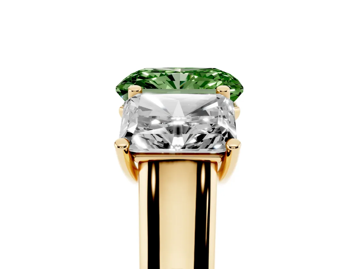 Fancy Green Radiant Cut Three-Stone Diamond Ring with Prong Setting on a Classic Band Yellow gold