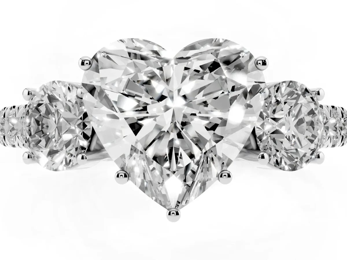 Heart Cut Cut Diamond Three-Stone Ring with Round Side Stones and Pavé Band Silver