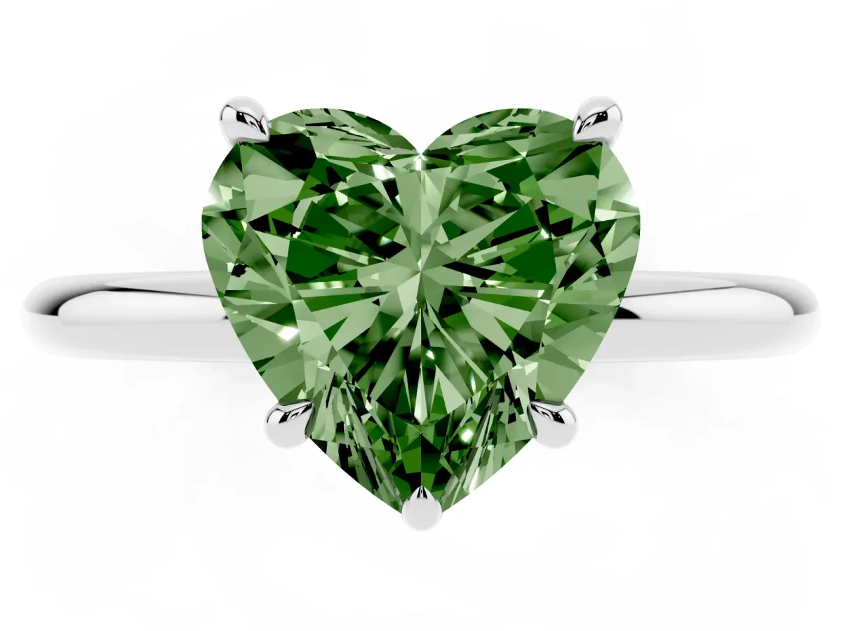 Fancy Green Heart Cut Diamond Solitaire Ring with Thin Band and Four-Prong Setting Platinum