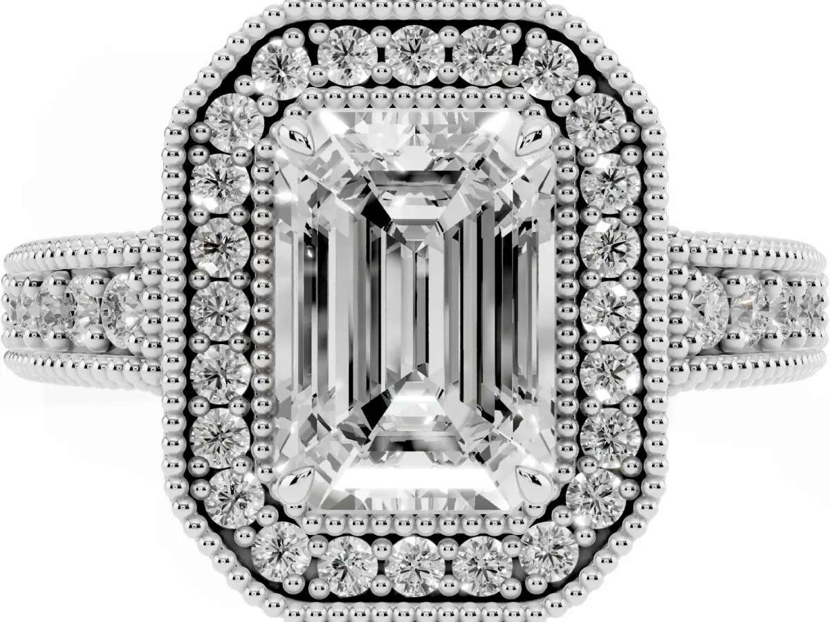 Emerald Cut Cut Halo Diamond Ring with Pavé Band and Four-Prong Setting Silver