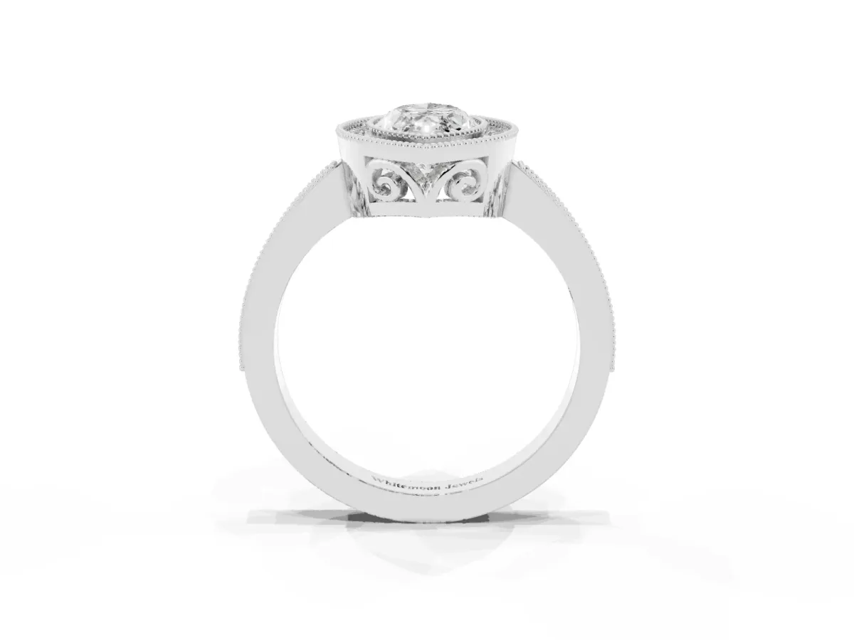 Marquise Cut Cut Halo Diamond Ring with Pavé Band and Milgrain Prong Setting White gold