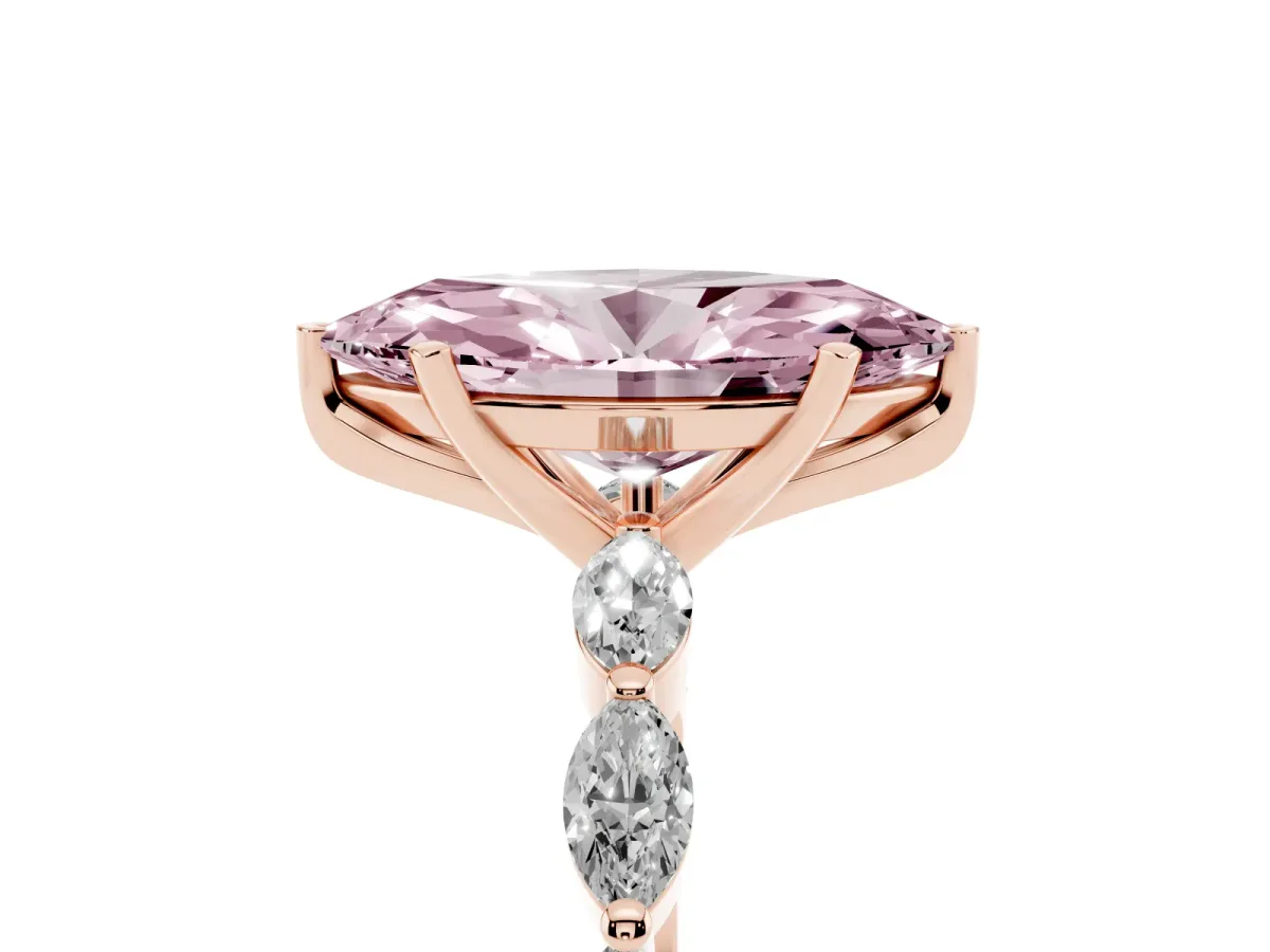 Fancy Pink Marquise Cut Diamond Ring with Marquise Side Stones and Prong Setting Rose gold