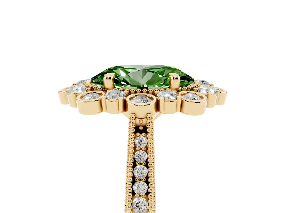 Fancy Green Oval Cut Halo Milgrain Pave Diamond Ring with Four-Prong Setting Yellow gold