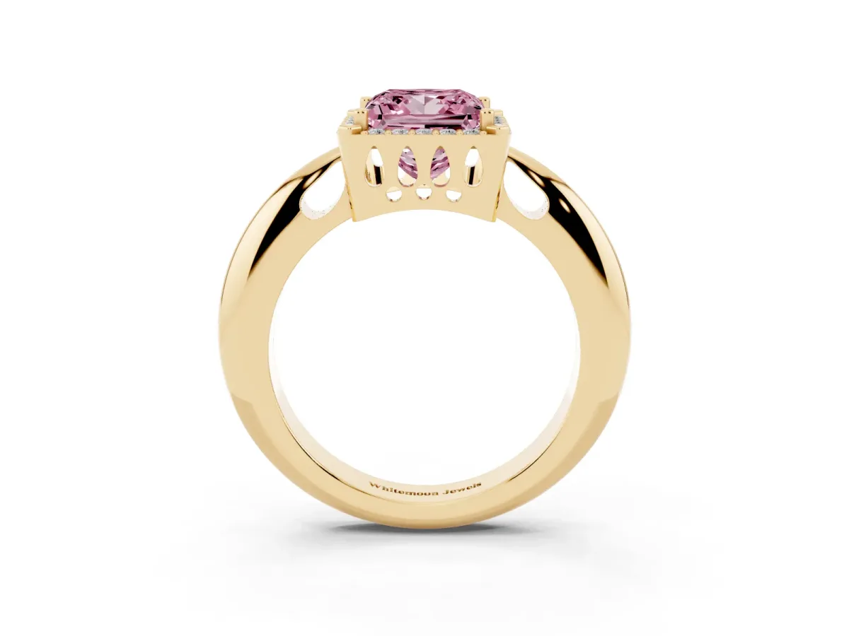 Fancy Pink Princess Cut Cut Diamond Halo Engagement Ring with Split Shank and Four-Prong Setting Yellow gold