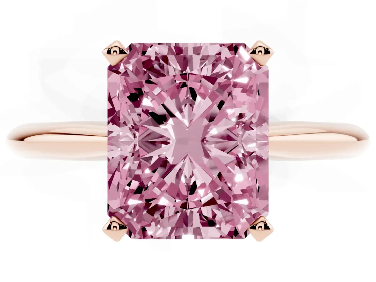 Fancy Pink Radiant Cut Cut Solitaire Ring with Four-Prong Setting on a Classic Band Rose gold