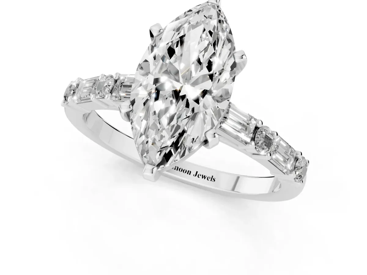 Marquise Cut Diamond Solitaire with Side Baguettes and Channel Set Band Silver