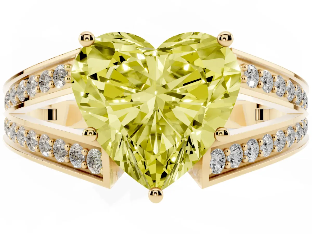 Fancy Yellow Heart Cut Diamond Split Shank Ring with Pavé Band and Four-Prong Setting Yellow gold