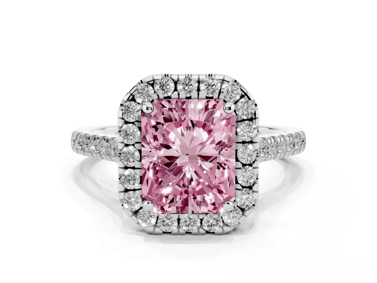 Fancy Pink Radiant Cut Diamond Cushion Halo Ring with Pavé Band White gold