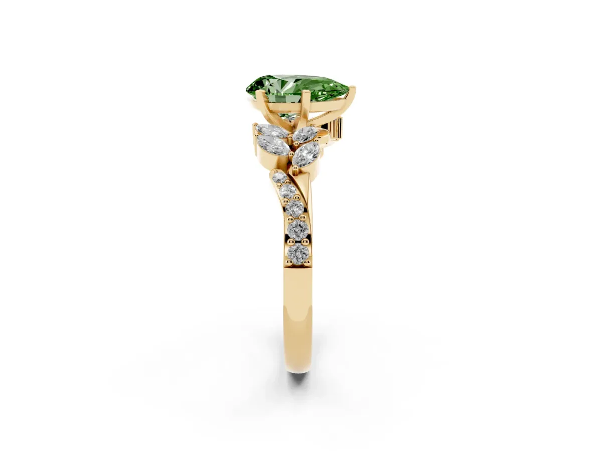 Fancy Green Pear Cut Solitaire Marquise Twist Band with Six-Prong Setting Yellow gold