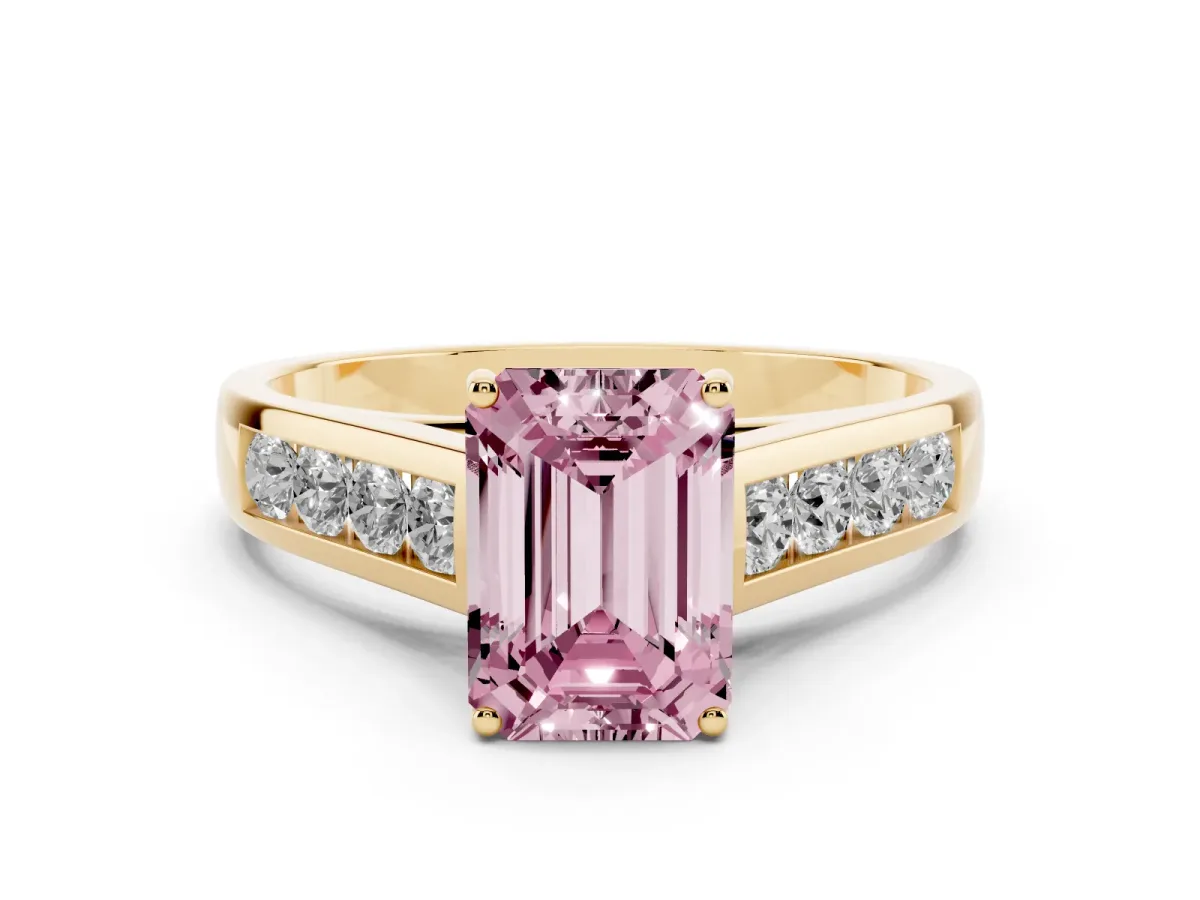 Fancy Pink Emerald Cut Solitaire Channel-Set Diamond Engagement Ring with Four-Prong Setting Yellow gold
