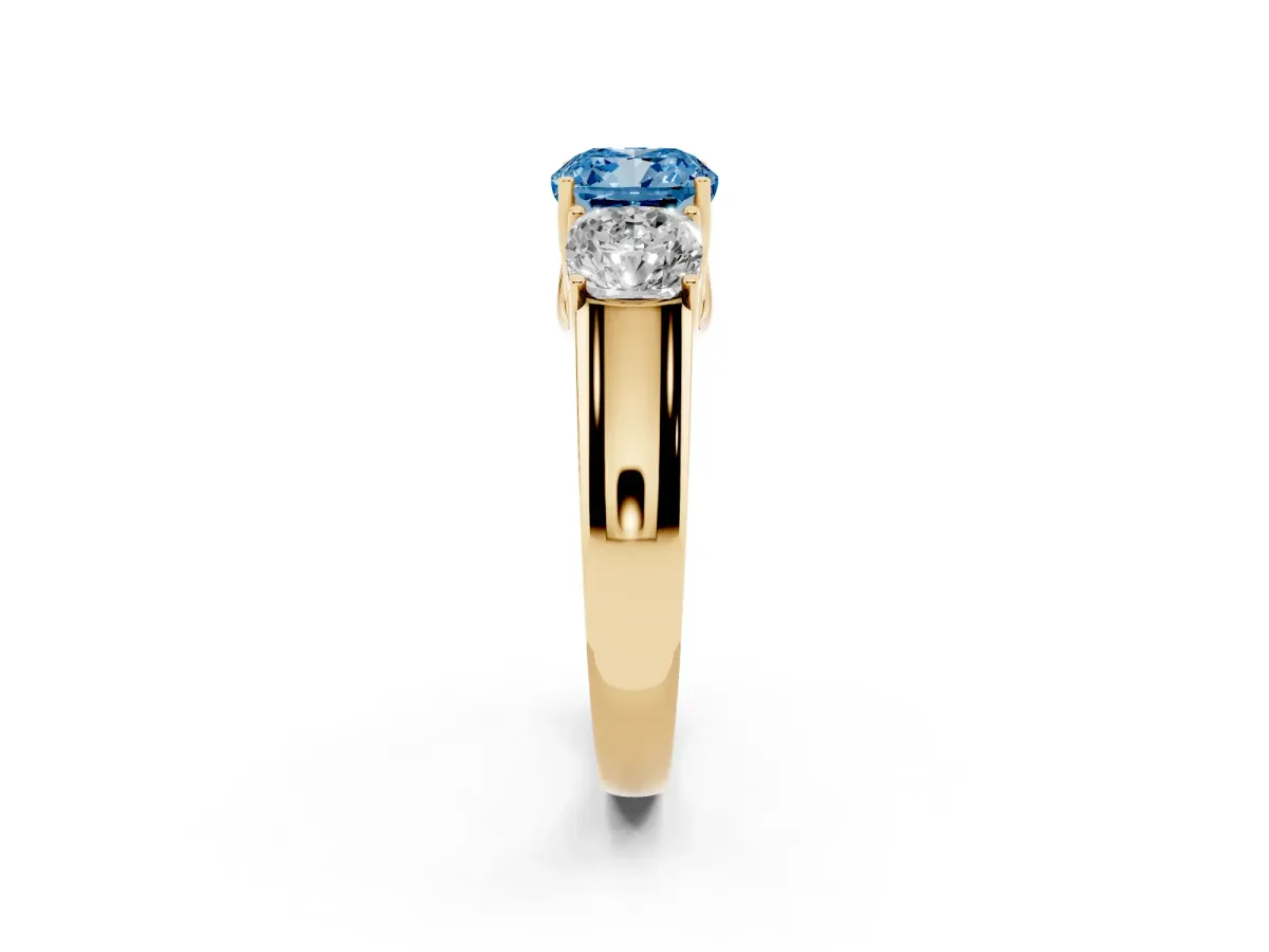 Fancy Blue Three-Stone Cushion Cut Cut Diamond Ring with Prong Setting and Classic Band Yellow gold