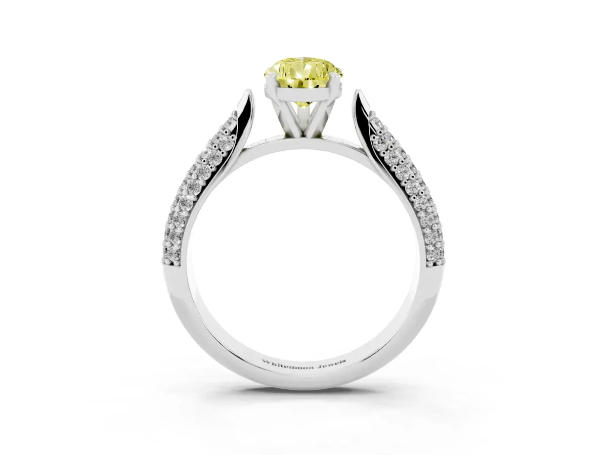 Fancy Yellow Pear Cut Diamond Solitaire Engagement Ring with Multi-Row Round Pavé Band and Prong Setting Silver