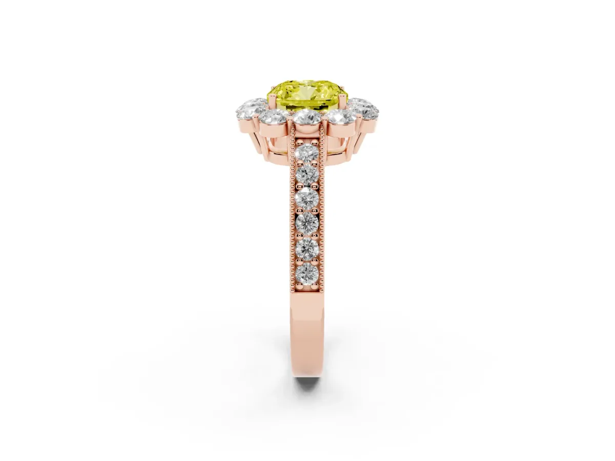 Fancy Yellow Cushion Cut Cut Halo Diamond Pavé Engagement Ring with Milgrain Detailing Rose gold