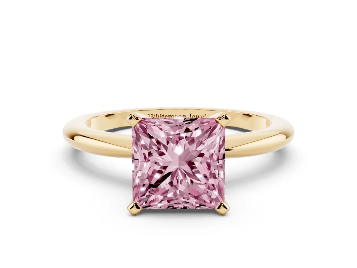Fancy Pink Princess Cut Diamond Solitaire Ring with Prong Setting and Classic Band Yellow gold