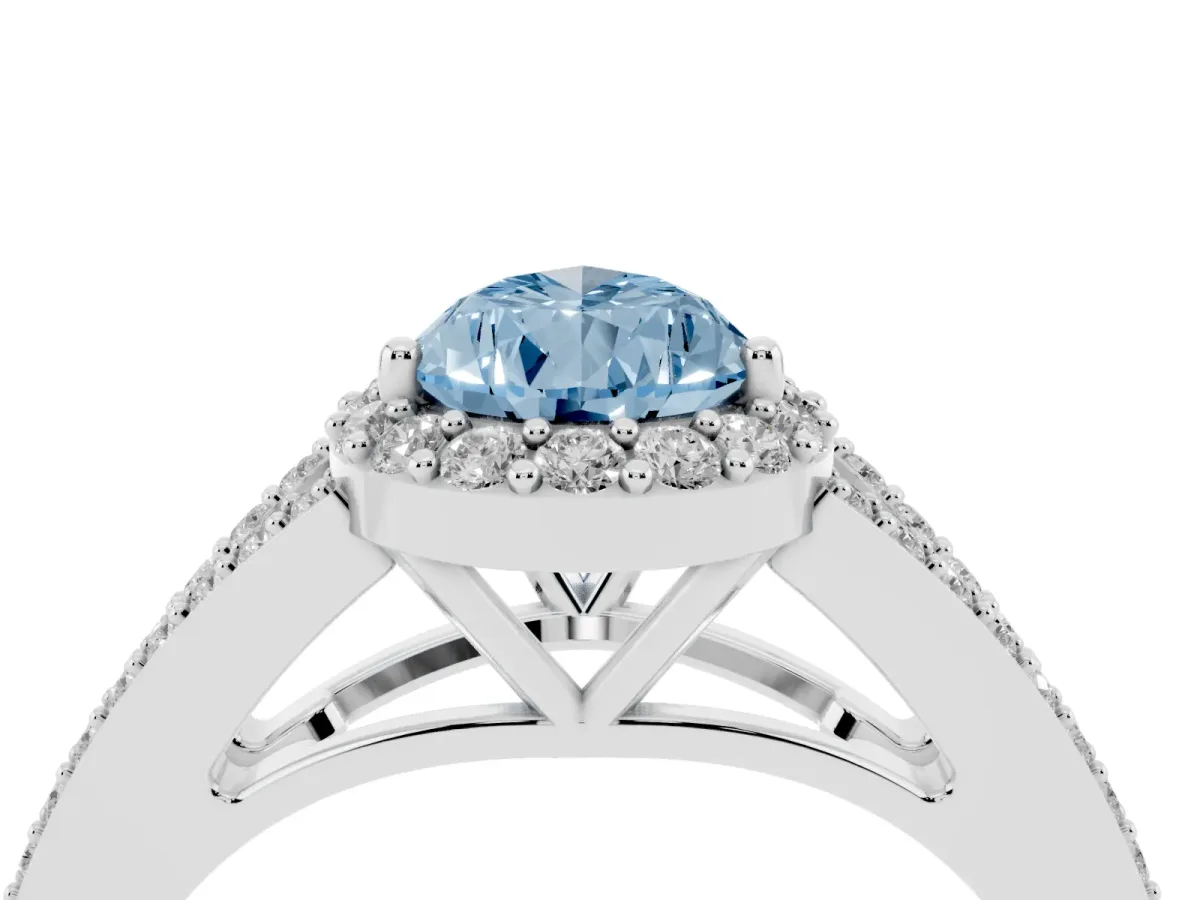 Fancy Blue Pear Cut Halo Split Shank Pave Diamond Ring with Four-Prong Setting Platinum