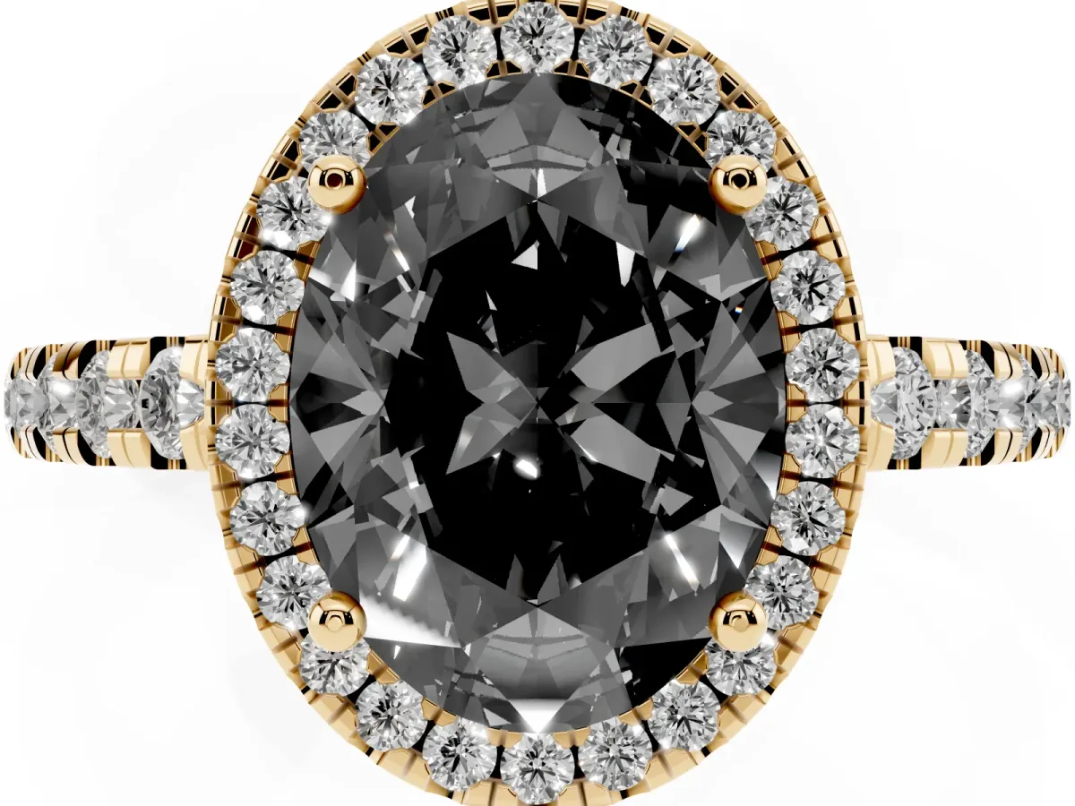 Fancy Black Oval Cut Diamond Halo Ring with Pavé Band and Four-Prong Setting Yellow gold