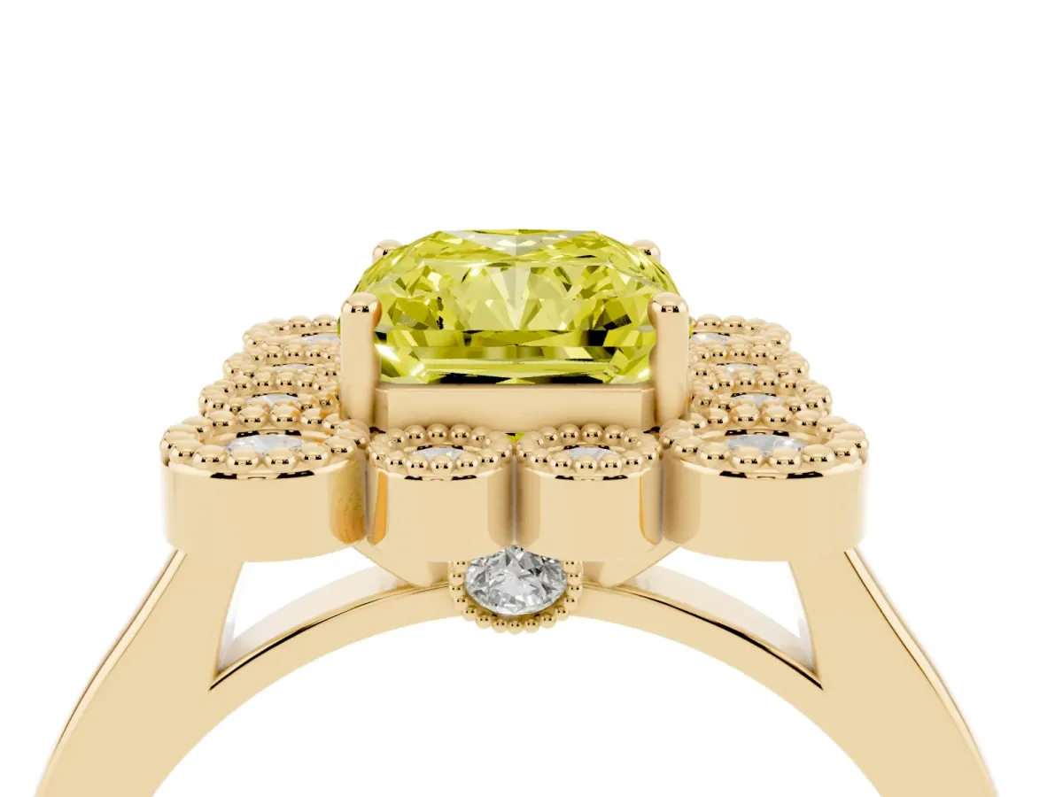Fancy Yellow Radiant Cut Halo Diamond Cluster Engagement Ring with Milgrain Bezel Setting and Solitaire Band Yellow gold