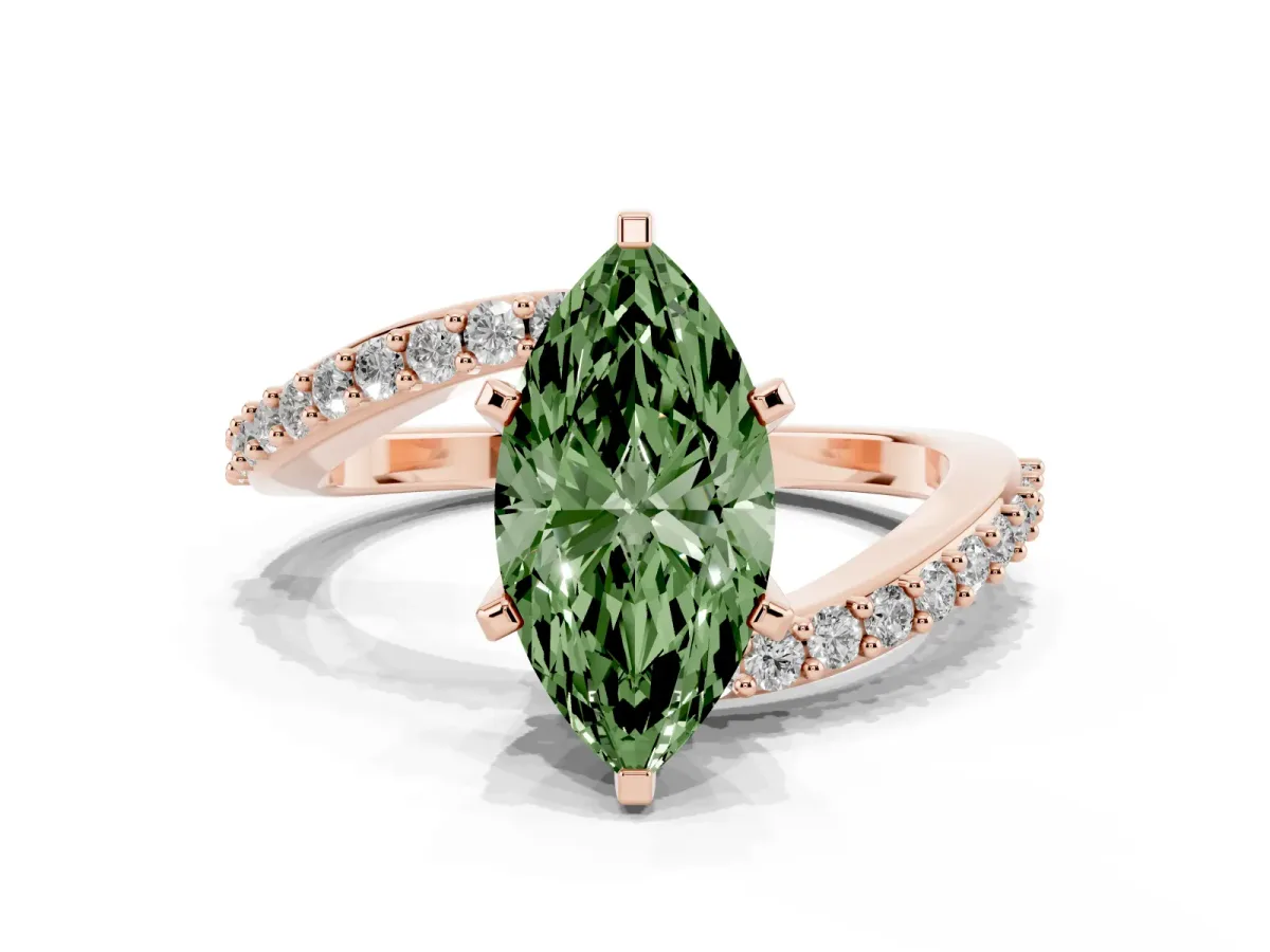 Fancy Green Marquise Cut Solitaire Twist Band with Pave Set Diamonds and Four-Prong Setting Rose gold