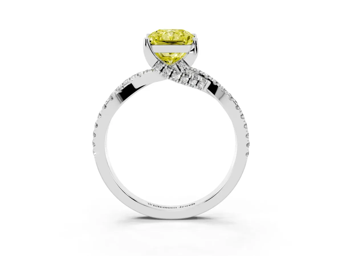 Fancy Yellow Radiant Cut Solitaire Twist Pave Diamond Engagement Ring with Prong Setting Silver