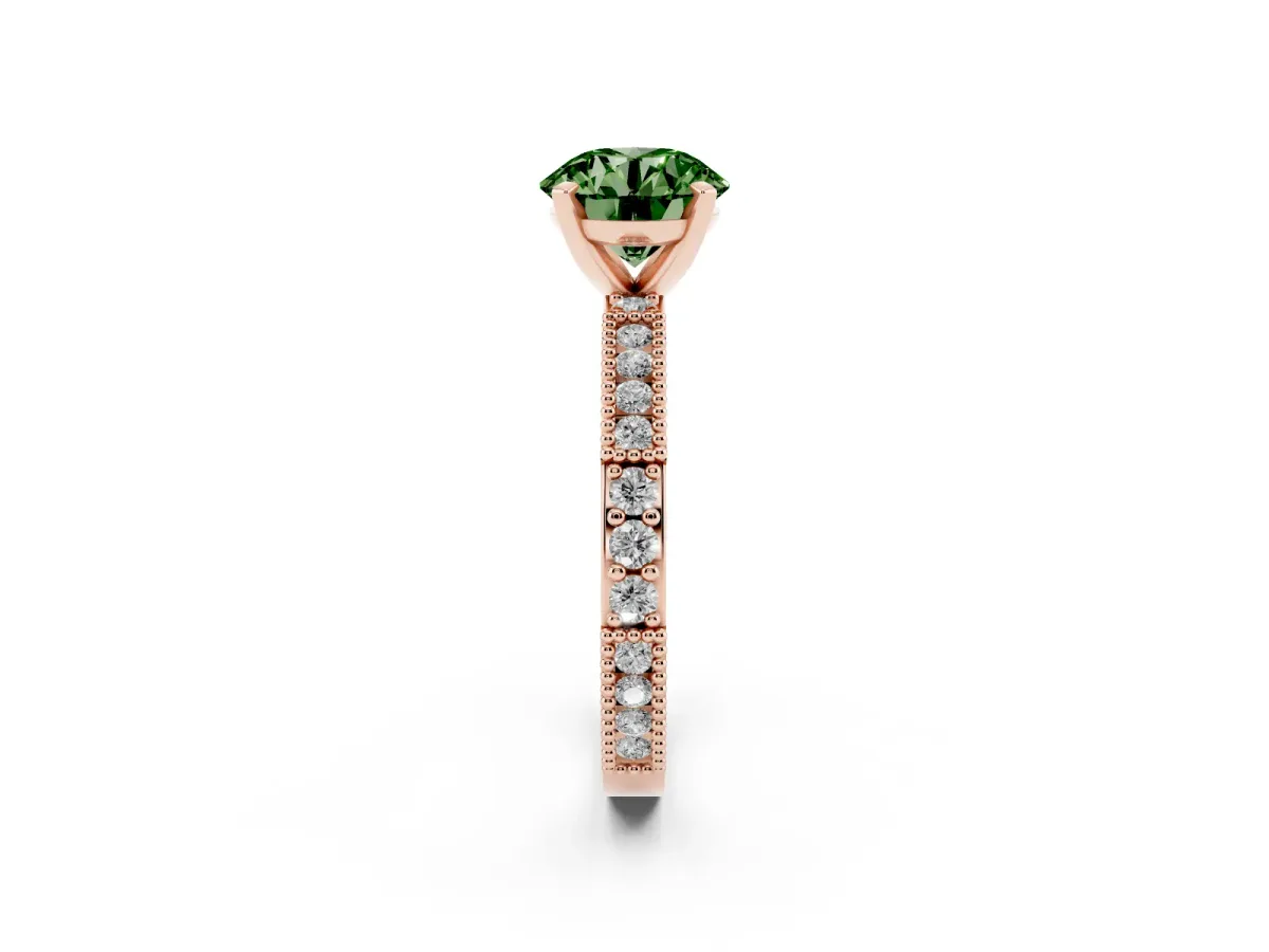 Fancy Green Round Cut Solitaire with Pavé Band and Four-Prong Setting Rose gold