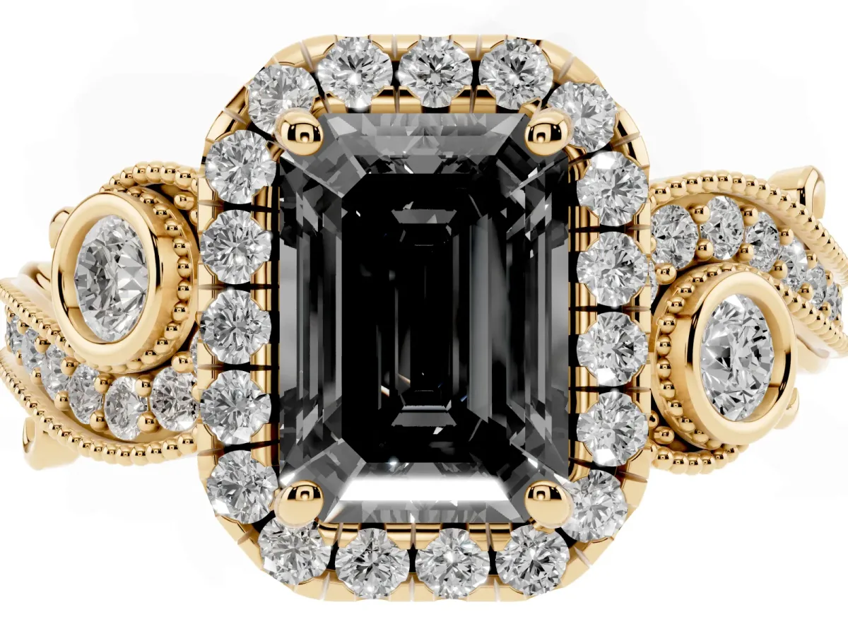 Fancy Black Emerald Cut Halo Diamond Ring with Milgrain and Bezel Accents on a Split Shank Band Yellow gold
